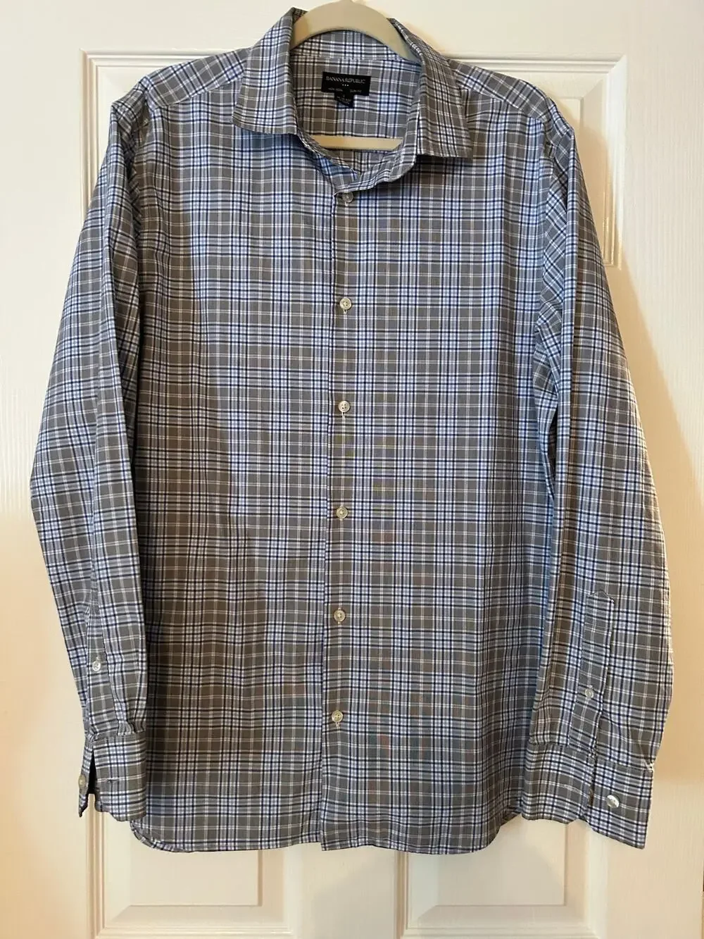 Banana Republic Non-Iron Slim Fit Plaid Dress Shirt Blue Gray Cotton Men’s L